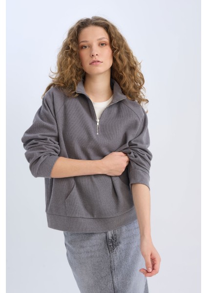 Oversize Geniş Kalıp Basic Düz Kanguru Cepli Fermuarlı Polo Yaka Sweatshirt E0741AX24WN