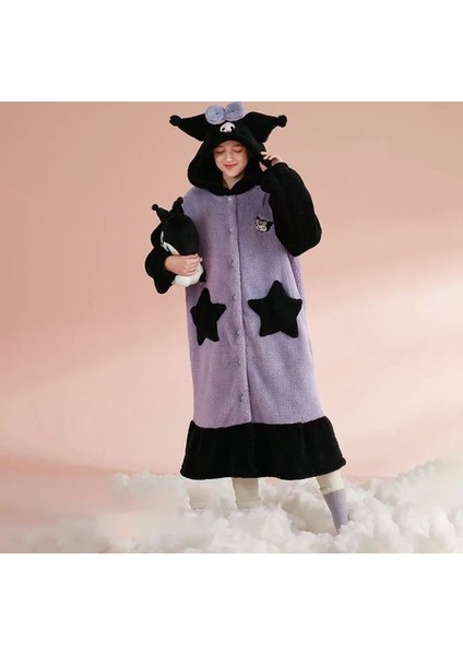 Sanrio Kawai Kuromi Sevinmli Kedi Kostüm Sabahlık Gecelik Pijama Polar Peluş Ev Kıyafeti Kapişonlu