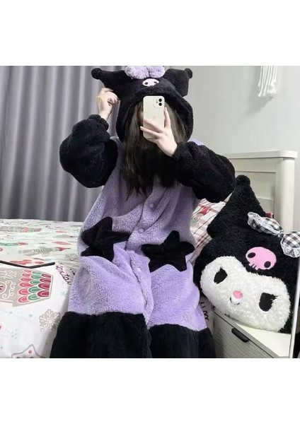 Sanrio Kawai Kuromi Sevinmli Kedi Kostüm Sabahlık Gecelik Pijama Polar Peluş Ev Kıyafeti Kapişonlu fırsatları