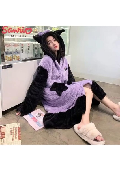 Sanrio Kawai Kuromi Sevinmli Kedi Kostüm Sabahlık Gecelik Pijama Polar Peluş Ev Kıyafeti Kapişonlu indirimleri