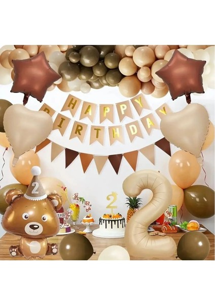 Sevimli Ayı Temalı Yaş Rakam Folyo Balonlu Doğum Günü Parti Seti Süsü