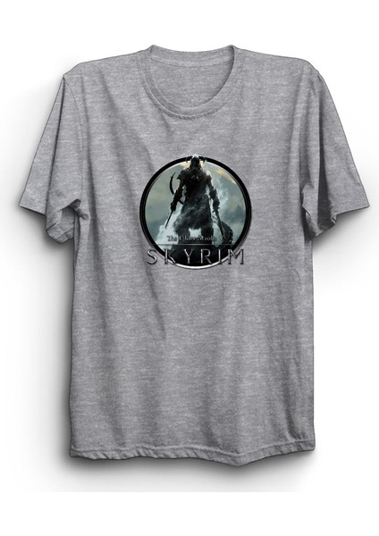 Skyrim, Circle Design, Game, Oyun, Gamer, Unisex, Gri Pamuk Tişört