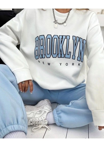 Kadın Bisiklet Yaka Brooklyn Baskılı Üç Iplik Kumaş Sweat