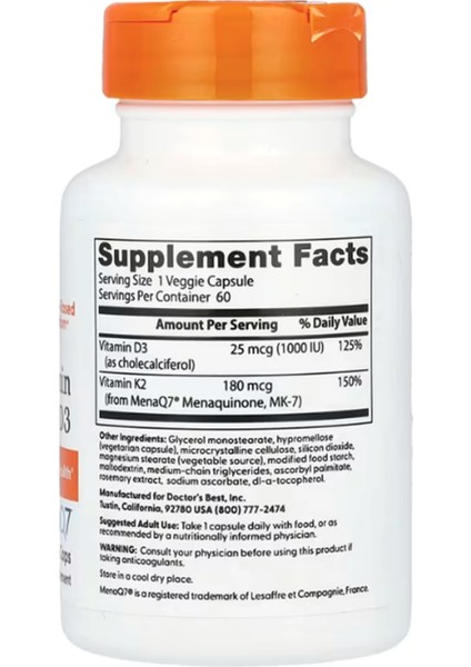 Doctor's Best Natural Vitamin K2 Mk-7 Plus D3 180MCG 60 Veggie Capsul.made In Usa fiyatları