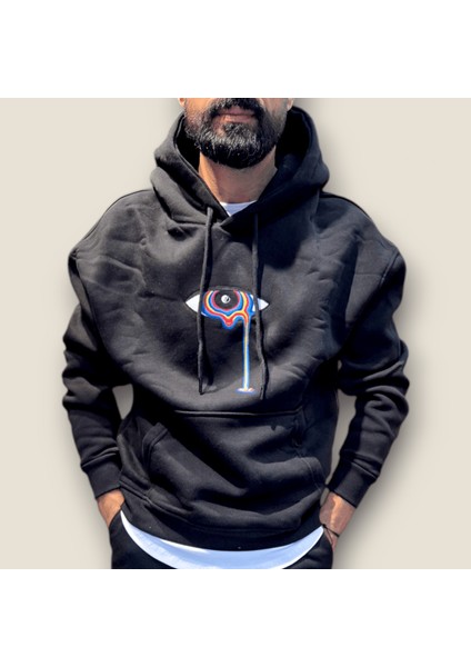 Siyah Renk Nakış Baskılı Kanguru Cepli Kapüşonlu Sweatshirt