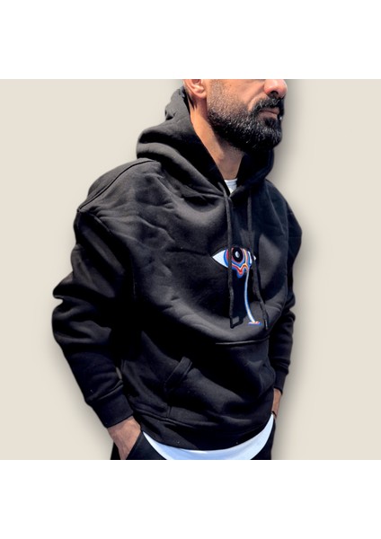 Siyah Renk Nakış Baskılı Kanguru Cepli Kapüşonlu Sweatshirt