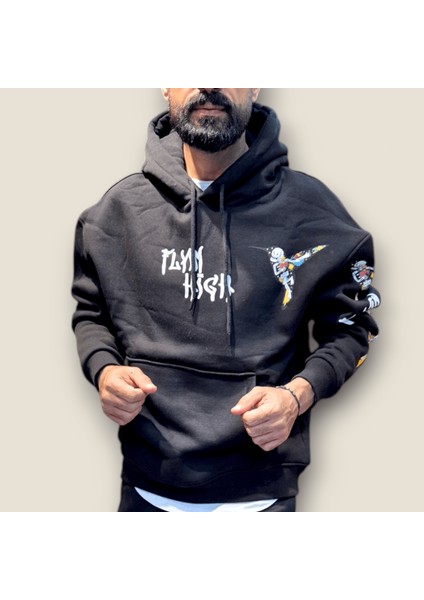 Siyah Enjeksiyon Baskı Kapüşonlu Sweatshirt