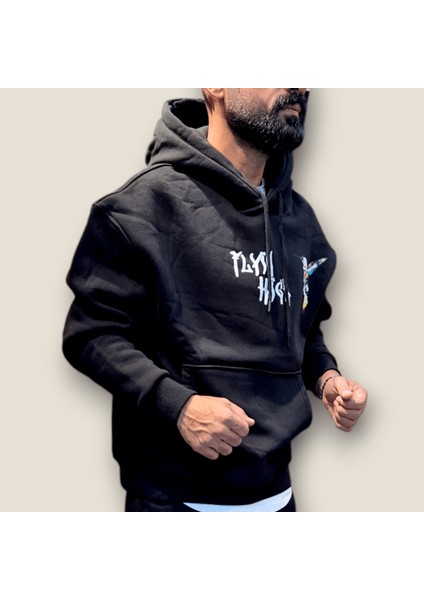 Siyah Enjeksiyon Baskı Kapüşonlu Sweatshirt