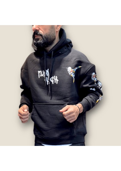 Siyah Enjeksiyon Baskı Kapüşonlu Sweatshirt