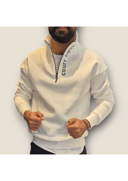 Beyaz Renk Yarım Fermuar Sweatshirt