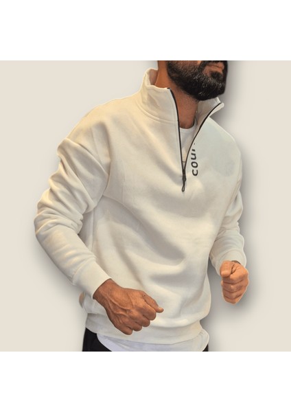 Beyaz Renk Yarım Fermuar Sweatshirt