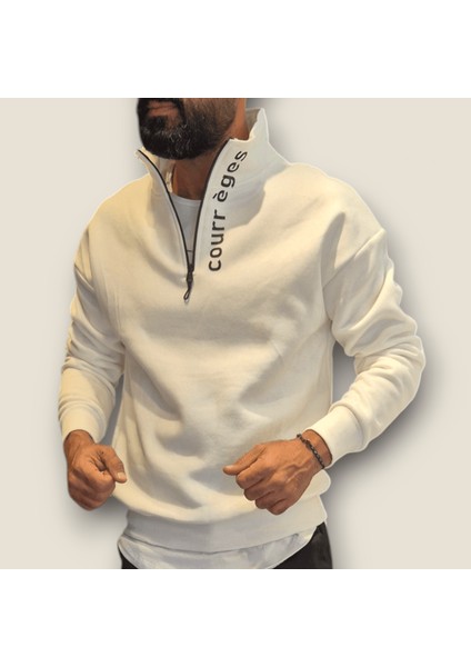 Beyaz Renk Yarım Fermuar Sweatshirt