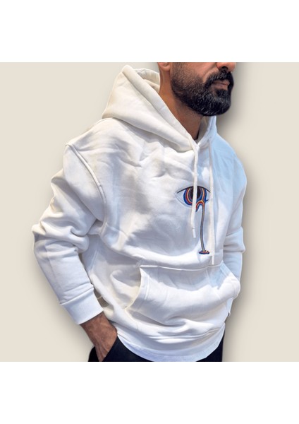 Beyaz Renk Nakış Baskı Kanguru Cep Kapüşonlu Sweatshirt