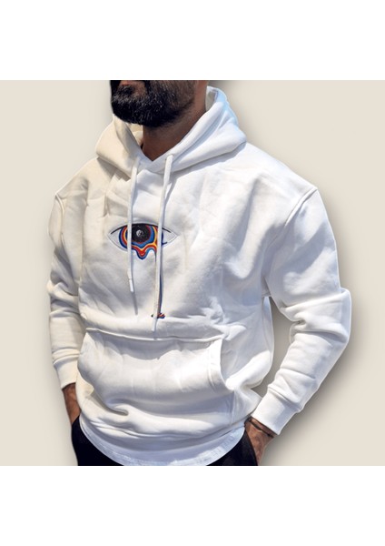 Beyaz Renk Nakış Baskı Kanguru Cep Kapüşonlu Sweatshirt