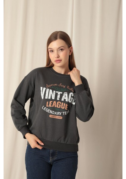 Üç Iplik Vintage Baskılı Kadın Antrasit Sweat