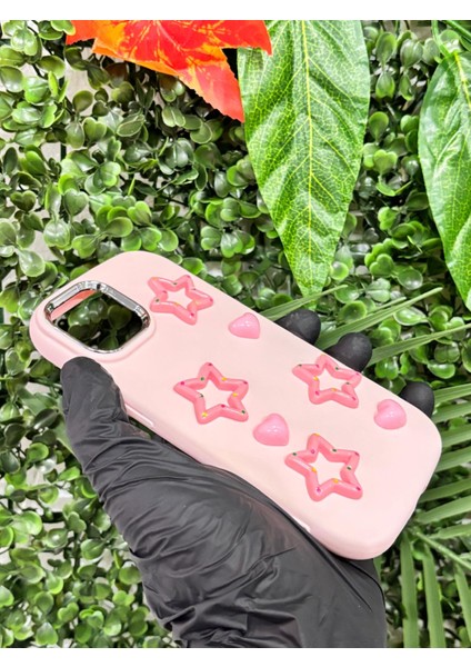 iphone 13/14 Kaliteli Silikon 3D Yıldız Kılıf Açık Pembe