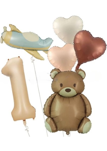 Retro Kalp Ayı Uçak Folyolu Yaş Balon Set