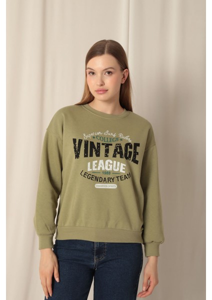 Üç Iplik Kumaş Vintage Baskılı Kadın Haki Sweat