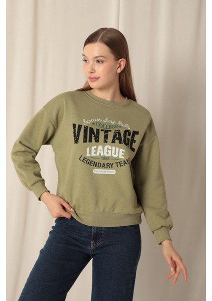 Üç Iplik Kumaş Vintage Baskılı Kadın Haki Sweat