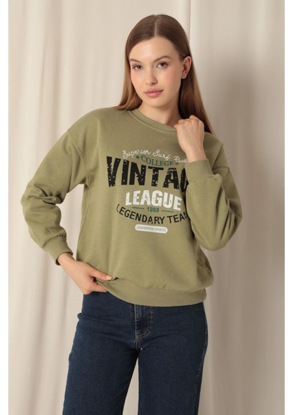 Üç Iplik Kumaş Vintage Baskılı Kadın Haki Sweat