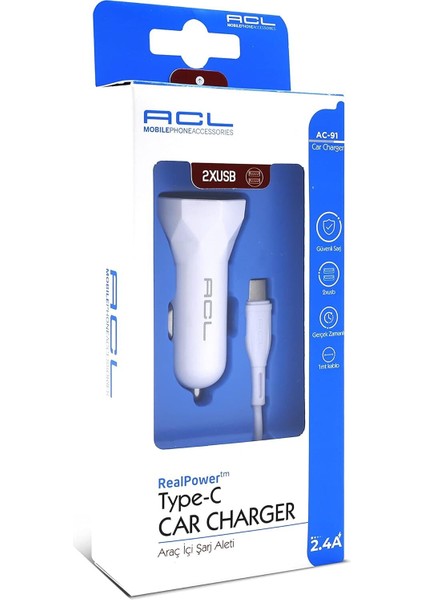 2.4A Araç Içi Şarj Aleti 2usb ve 1m Type-C Kablo