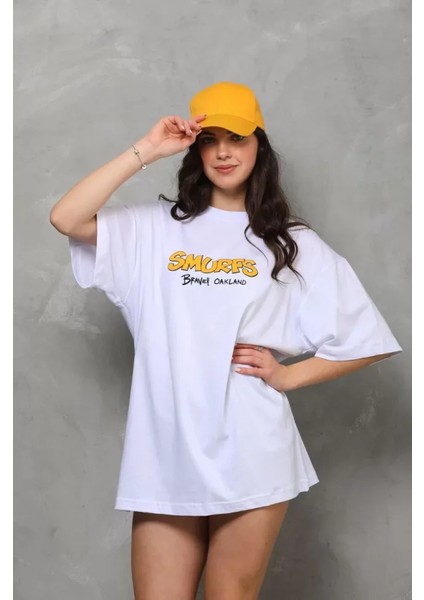 Unisex Bisiklet Yaka Baskılı Oversize T-Shirt - Beyaz fiyatları