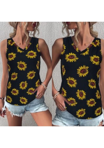 Mazıdağı Kadın V Yaka Kolsuz Ayçiçeği Desen Krep Bluz modelleri