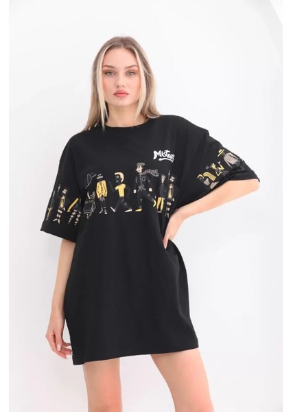 Unisex Bisiklet Yaka Baskılı Oversize T-Shirt - Siyah fiyatları