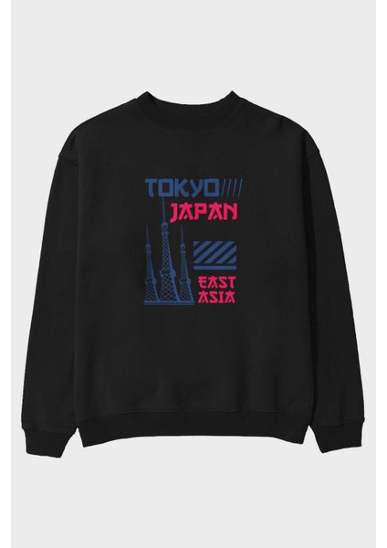 Tokyo 4 Ön Baskılı Siyah Oversize Sweatshirt Erkek Kadın Bisiklet Yaka