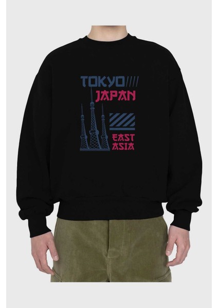 Tokyo 4 Ön Baskılı Siyah Oversize Sweatshirt Erkek Kadın Bisiklet Yaka fiyatları
