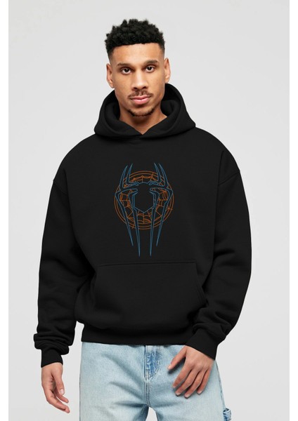 Spiderman (30) Ön Baskılı Siyah Oversize Kapüşonlu Sweatshirt Erkek Kadın