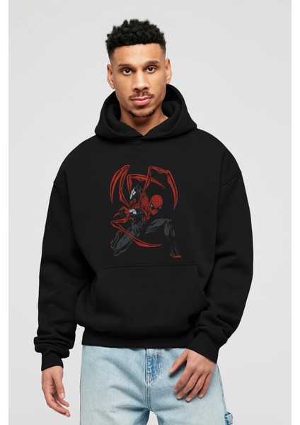 Spiderman (16) Ön Baskılı Siyah Oversize Kapüşonlu Sweatshirt Erkek Kadın