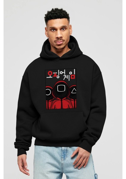 Squid Game (7) Ön Baskılı Siyah Oversize Kapüşonlu Sweatshirt Erkek Kadın
