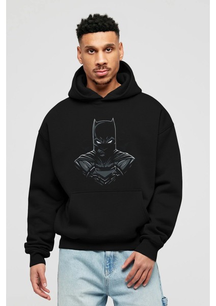 Batman (22) Ön Baskılı Siyah Oversize Kapüşonlu Sweatshirt Erkek Kadın