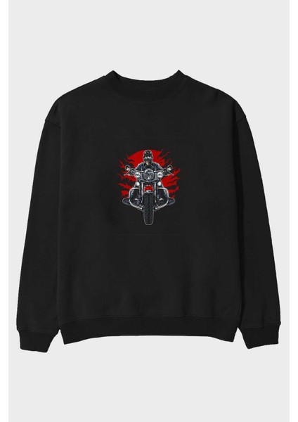 Wild Biker Ön Baskılı Siyah Oversize Sweatshirt Erkek Kadın Bisiklet Yaka