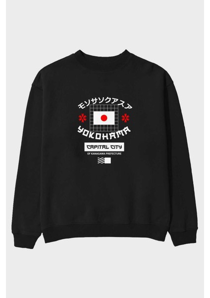 Yokohama Capital City Ön Baskılı Siyah Oversize Sweatshirt Erkek Kadın Bisiklet Yaka