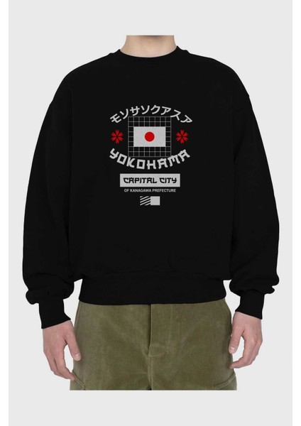 Yokohama Capital City Ön Baskılı Siyah Oversize Sweatshirt Erkek Kadın Bisiklet Yaka fiyatları
