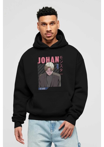 Johan Liebert Monster Anime Ön Baskılı Siyah Hoodie Oversize Kapüşonlu Sweatshirt Erkek Kadın