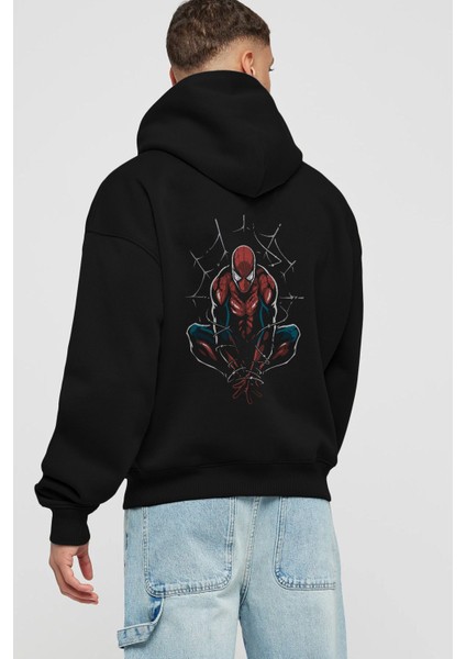 Spiderman (15) Arka Baskılı Siyah Oversize Kapüşonlu Sweatshirt Erkek Kadın
