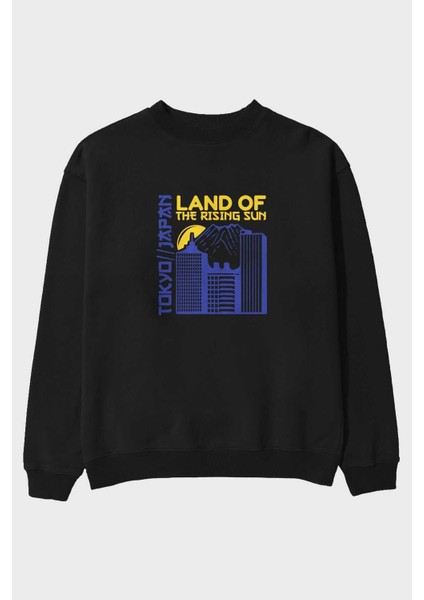 Tokyo 3 Ön Baskılı Siyah Oversize Sweatshirt Erkek Kadın Bisiklet Yaka