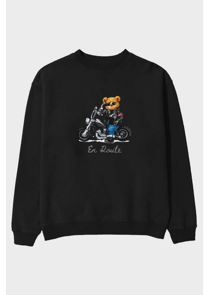 Teddy Bear En Route Ön Baskılı Siyah Oversize Sweatshirt Erkek Kadın Bisiklet Yaka