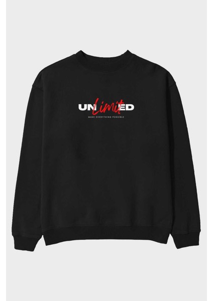Unlimited Yazılı Ön Baskılı Siyah Oversize Sweatshirt Erkek Kadın Bisiklet Yaka