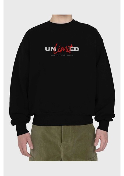 Unlimited Yazılı Ön Baskılı Siyah Oversize Sweatshirt Erkek Kadın Bisiklet Yaka fiyatları