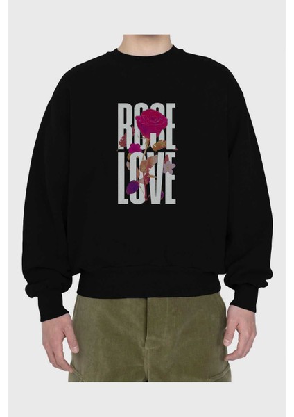 Rose Love Ön Baskılı Siyah Oversize Sweatshirt Erkek Kadın Bisiklet Yaka fiyatları