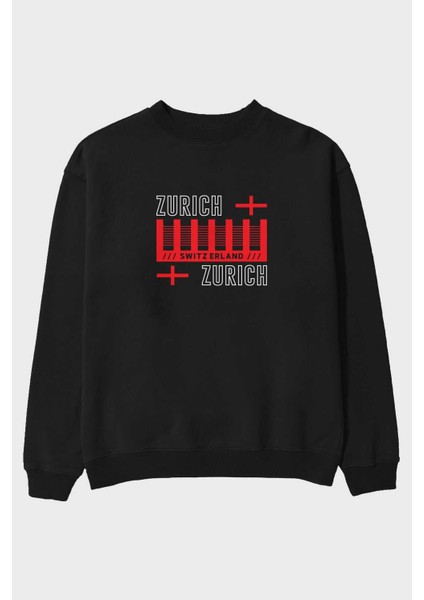 Zurich Ön Baskılı Siyah Oversize Sweatshirt Erkek Kadın Bisiklet Yaka