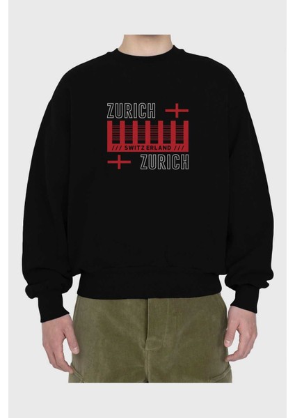 Zurich Ön Baskılı Siyah Oversize Sweatshirt Erkek Kadın Bisiklet Yaka fiyatları
