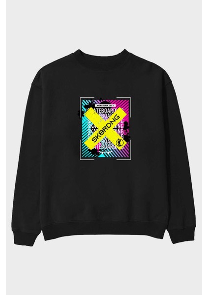 Skatebording Ön Baskılı Siyah Oversize Sweatshirt Erkek Kadın Bisiklet Yaka