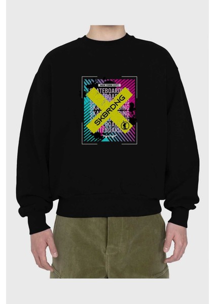 Skatebording Ön Baskılı Siyah Oversize Sweatshirt Erkek Kadın Bisiklet Yaka fiyatları