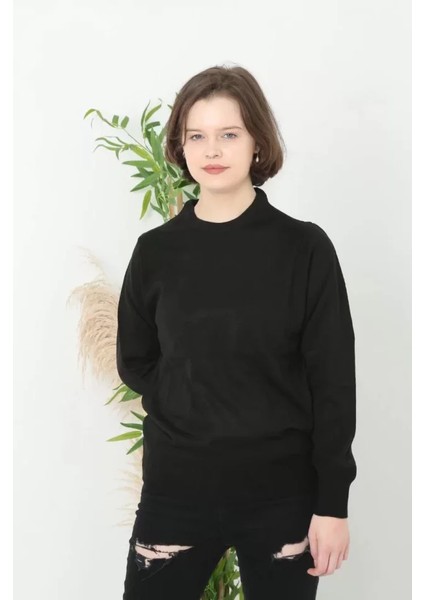 Unisex Uzun Kol Biskilet Yaka Dokuma Triko - Siyah modelleri