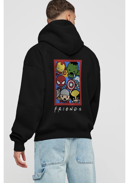 Friends Avenger Arka Baskılı Siyah Oversize Kapüşonlu Sweatshirt Erkek Kadın